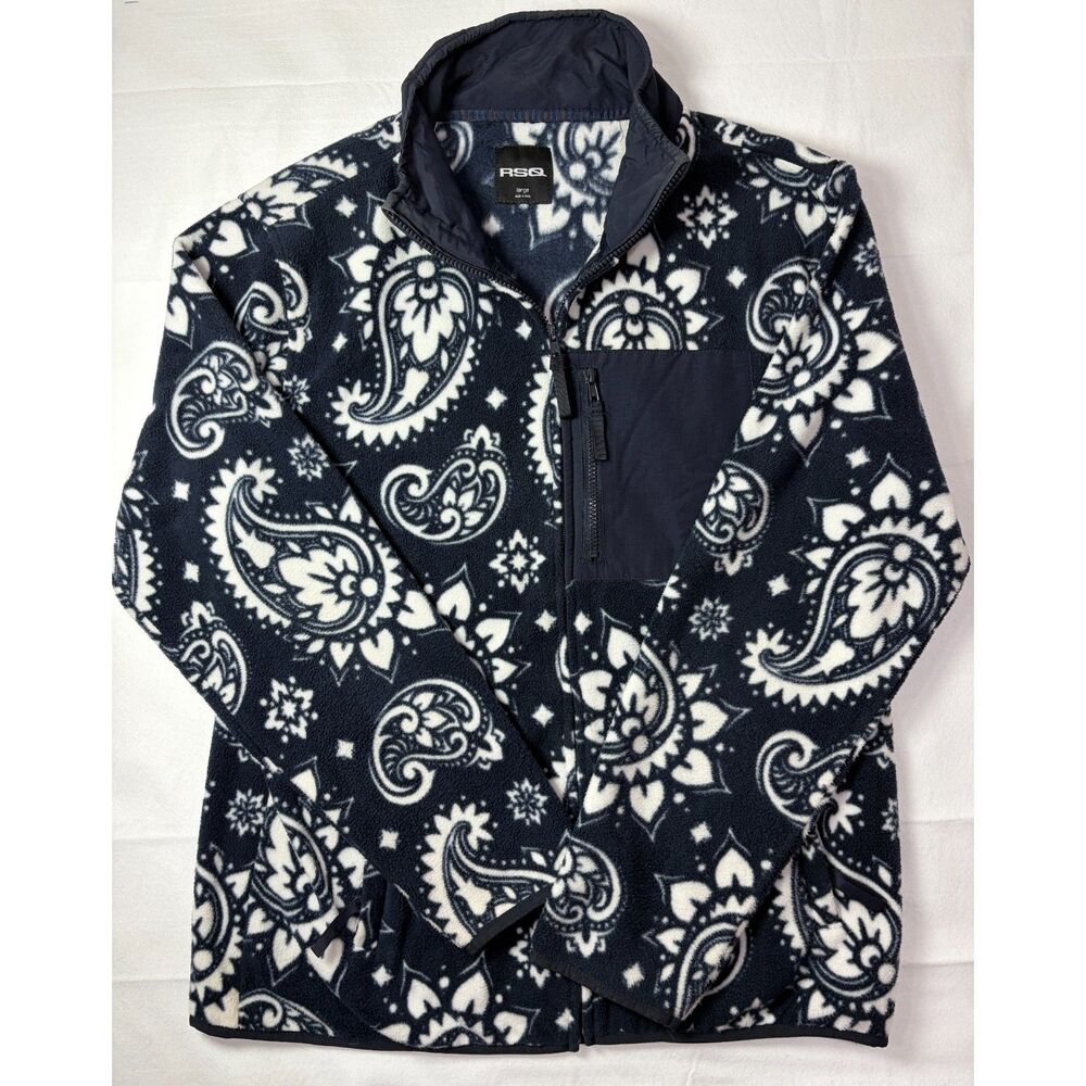 RSQ Paisley Fleece Jacket Full Zip Navy Blue White Unisex Large